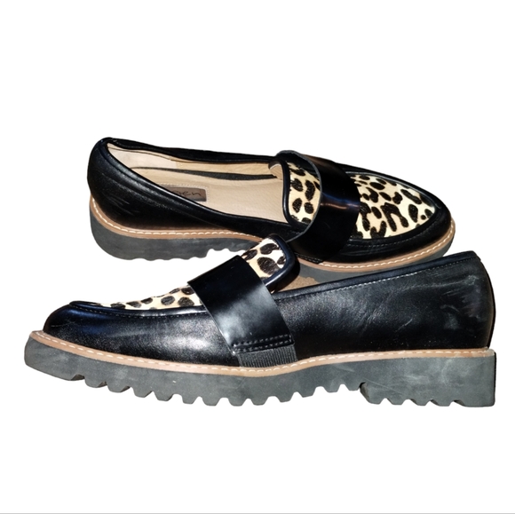 Halogen Black Leather Pony Hair Leopard Print Pointy Toe Slip On Loafers… - Picture 11 of 12
